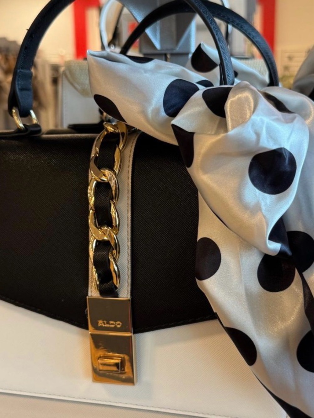 NWT Aldo, Medium, Black and Cream Top-Handle Satchel with Gold Chain Accent - Picture 2 of 13